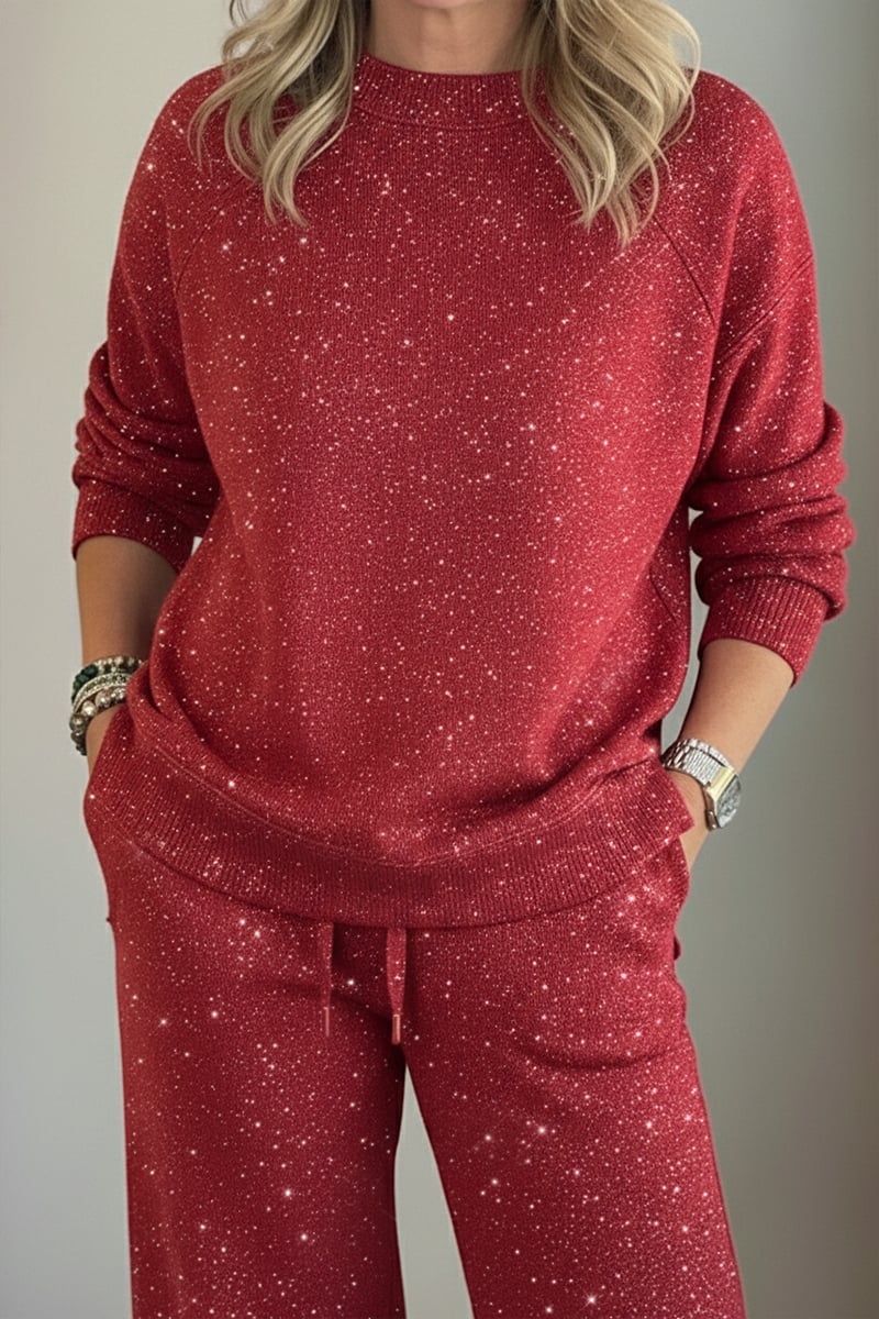 Xalviere | Glanzend Casual Setje Dames — Tweedelig Broekpak met Ronde Hals