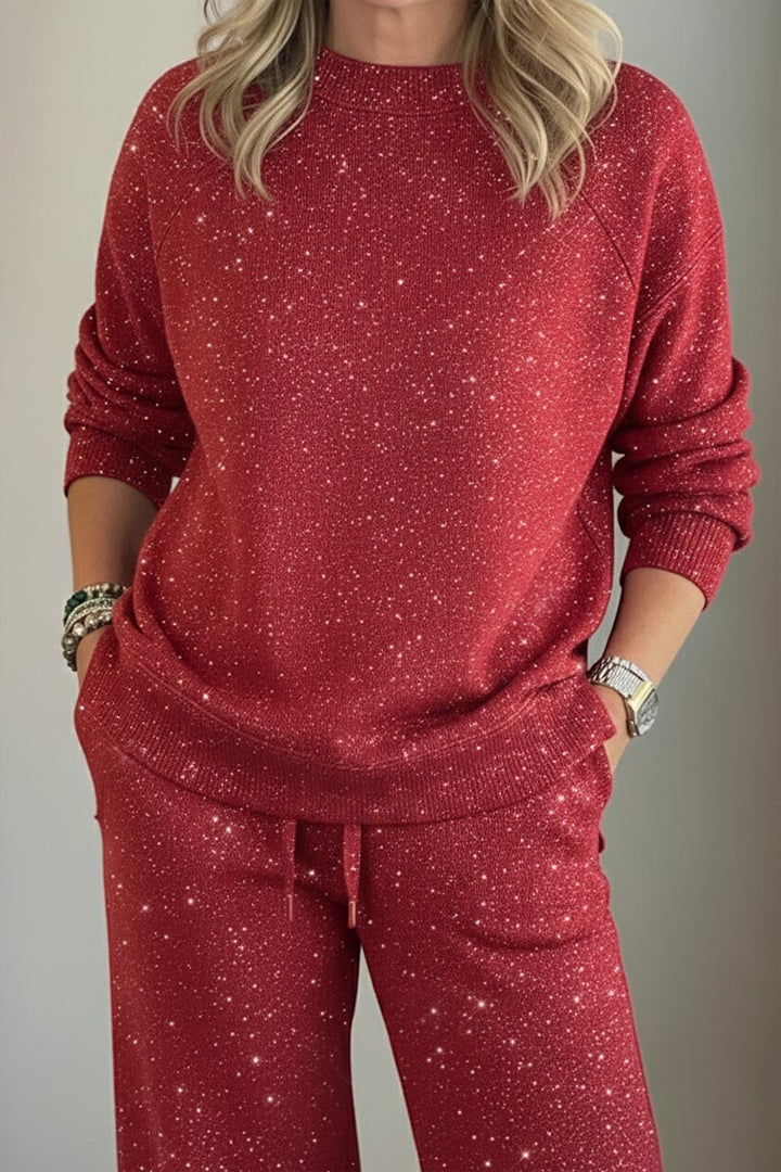 Xalviere | Glanzend Casual Setje Dames — Tweedelig Broekpak met Ronde Hals