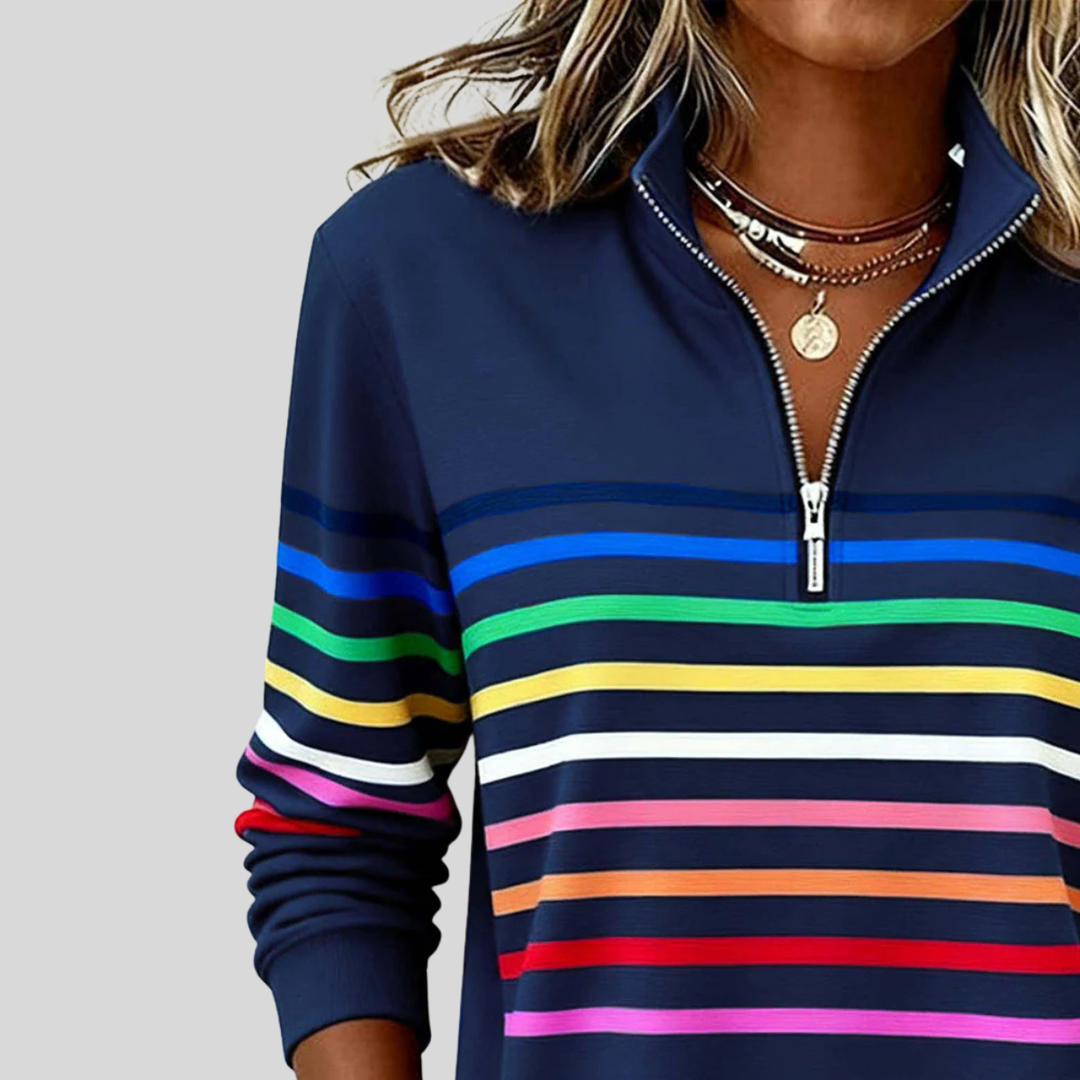Prismette™ | Farverig stribet sweatshirt med kvart lynlås