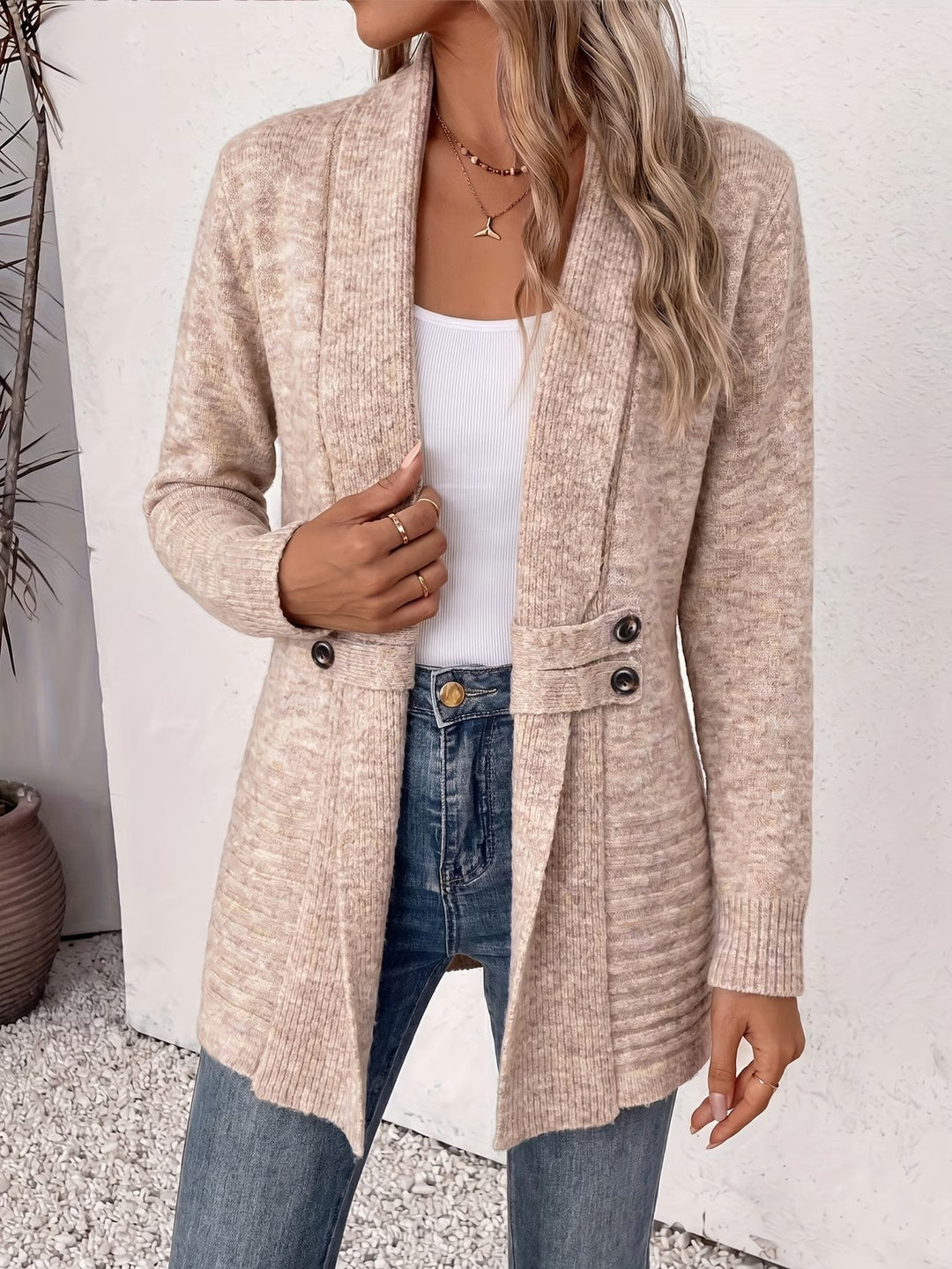 Harlow™ | Havrebeige ribstrikket cardigan med knapstropper