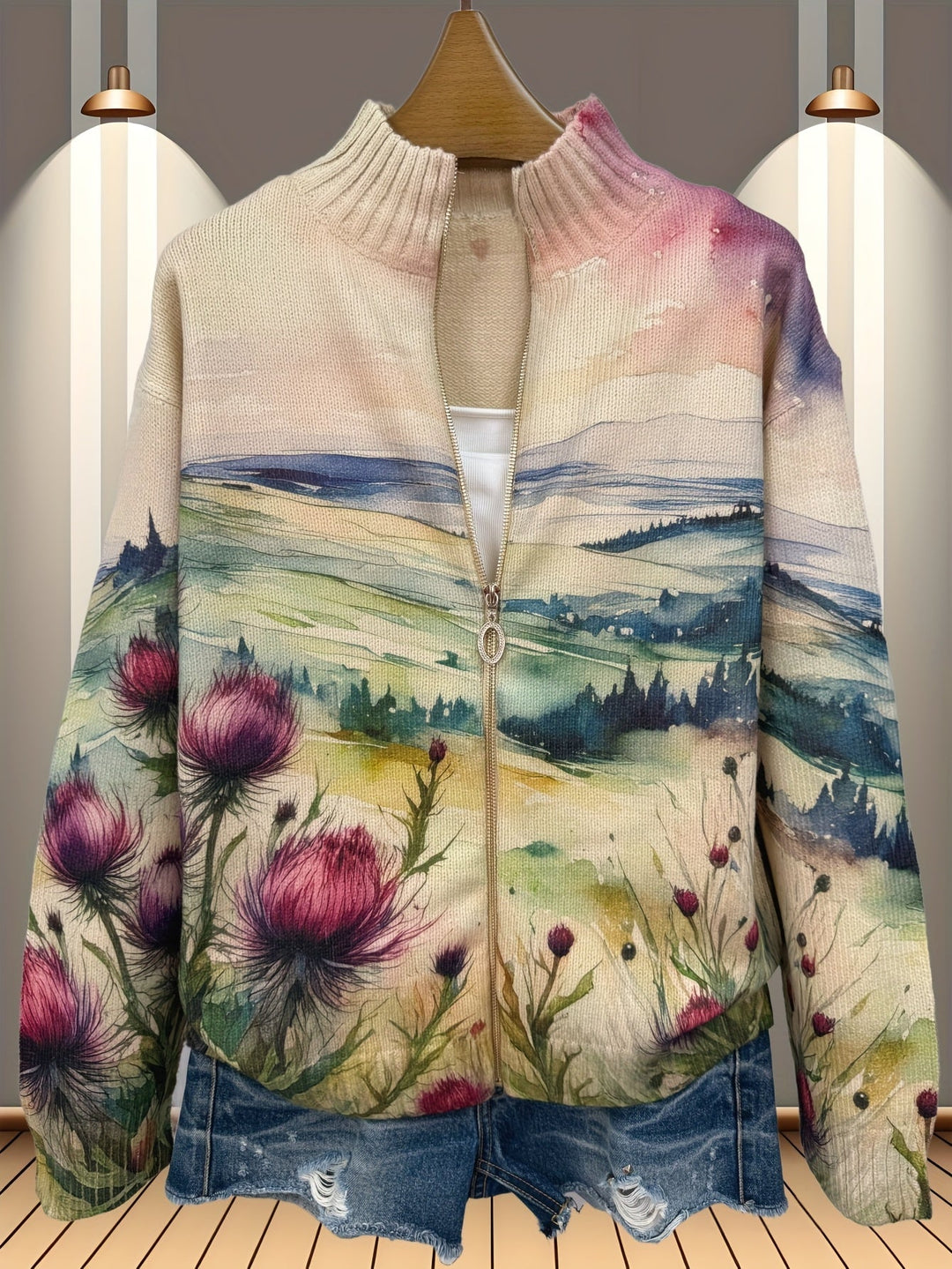 Zelda™ | Cardigan med skotsk tidsellandskab og lynlås