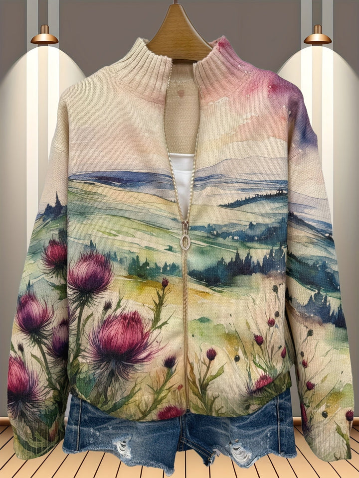 Zelda™ | Cardigan med skotsk tidsellandskab og lynlås