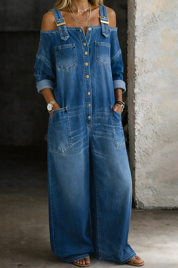 Sophia | Skulderfri denim-jumpsuit