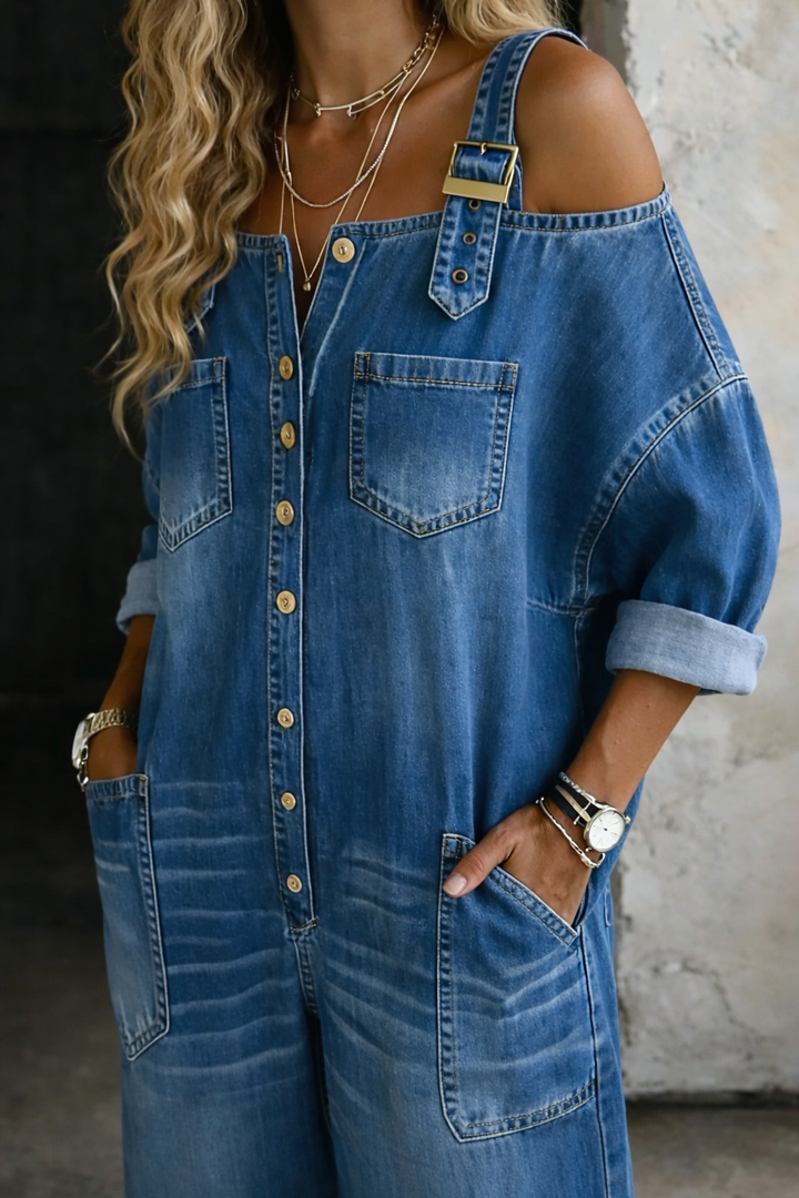 Sophia | Skulderfri denim-jumpsuit