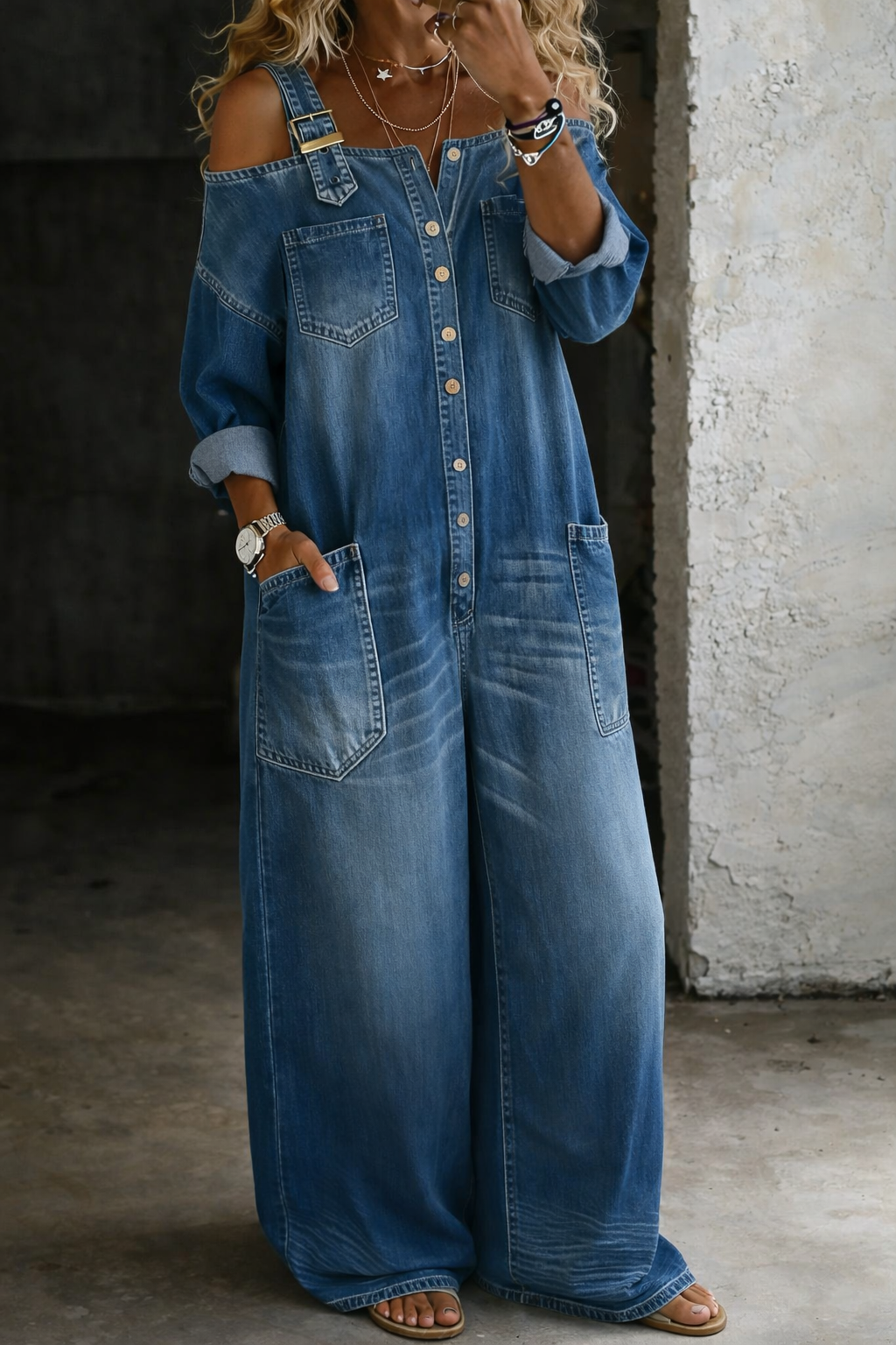 Sophia | Skulderfri denim-jumpsuit