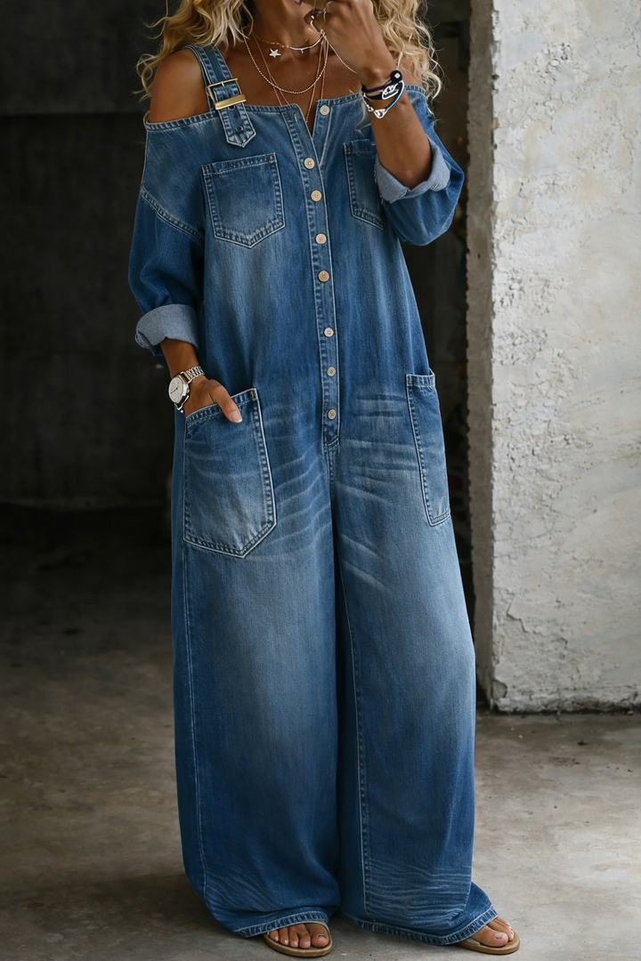 Sophia | Skulderfri denim-jumpsuit