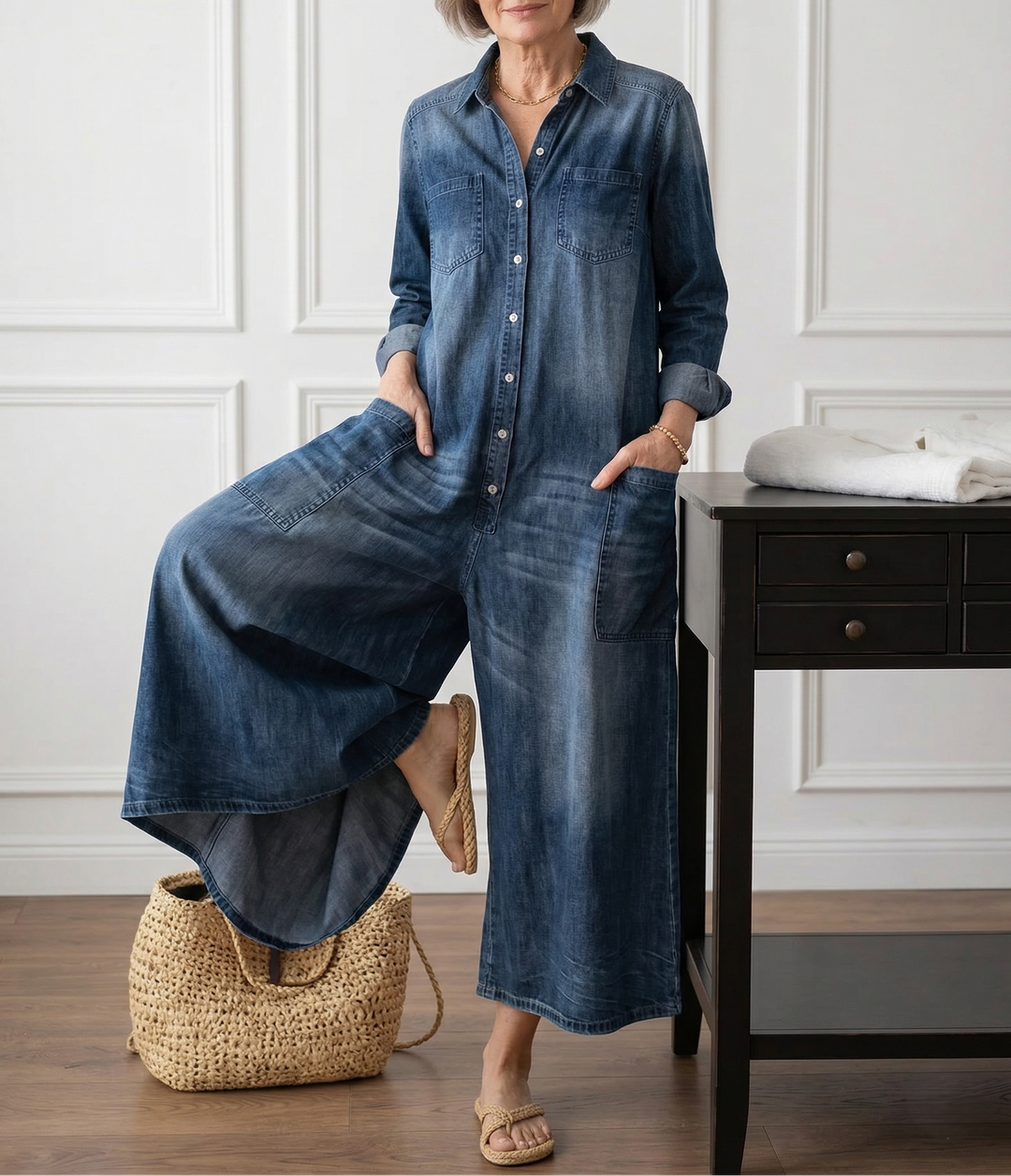 Diana | Vintage denim-jumpsuit i blød bomuld med knaplukning