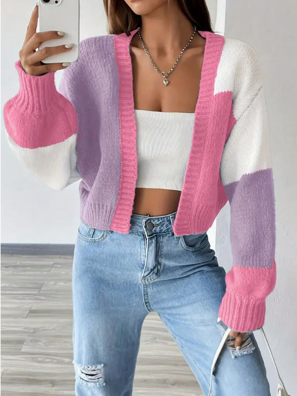 Kort colorblock-cardigan – Strikket cardigan med knapper