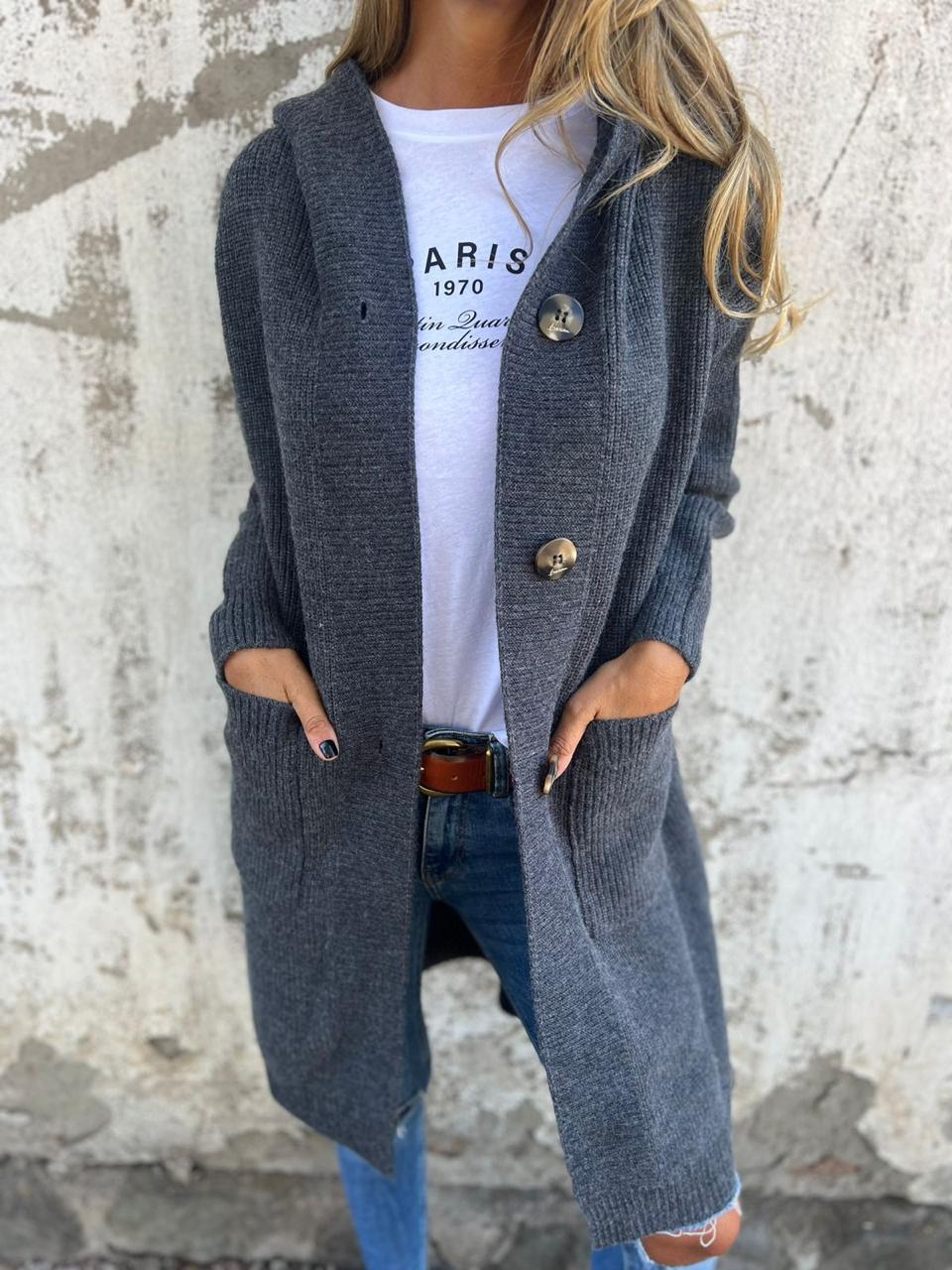 Lang strikket cardigan til kvinder med knapper
