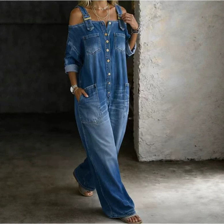 Sophia | Skulderfri denim-jumpsuit