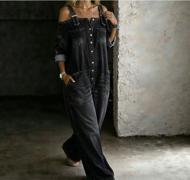 Sophia | Skulderfri denim-jumpsuit