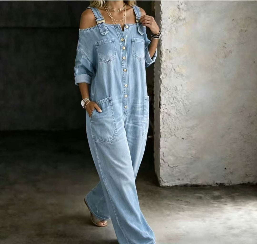 Sophia | Skulderfri denim-jumpsuit