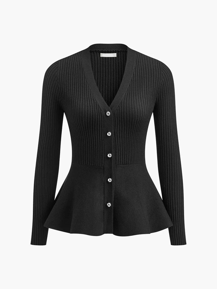 Ribstrikket peplum-top med knapper