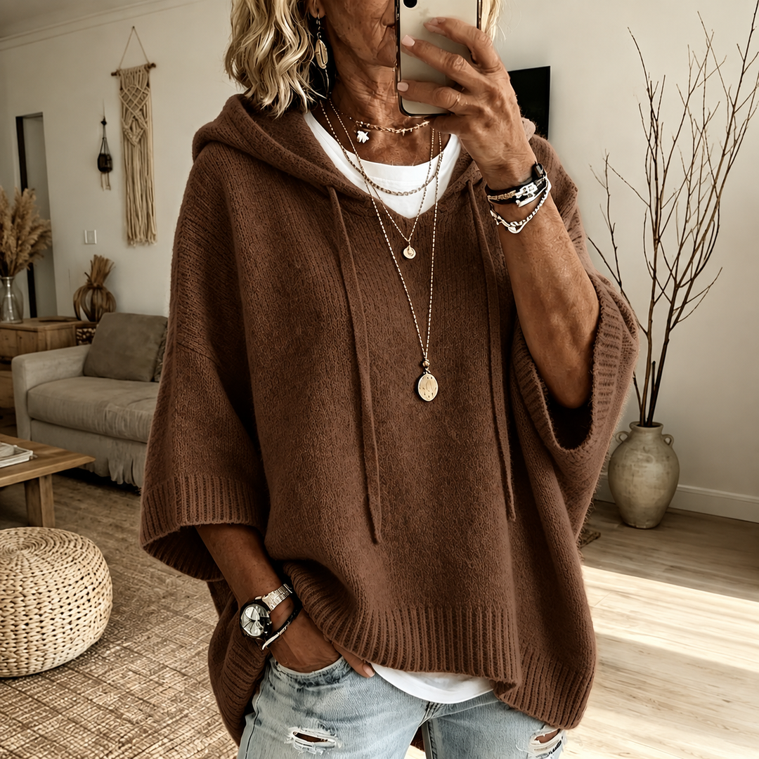 Lenora | Poncho-Striktrøje med Hætte i Brun