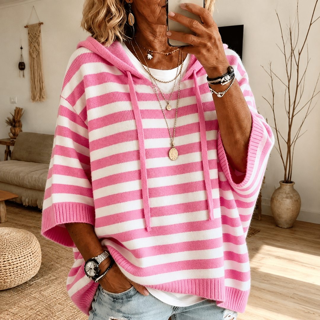 Émilie | Stribet Poncho-Striktrøje med Hætte i Rosa