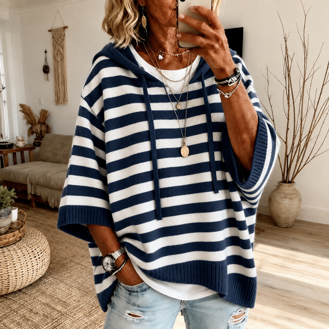 Marine | Stribet Poncho-Striktrøje med Hætte