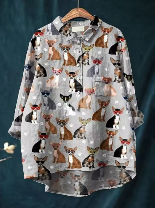 Cleo | Bluse med chihuahua-print og solbriller
