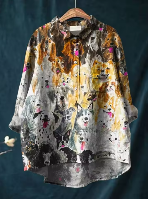 Remy | Casual bluse med kunstnerisk hundeportræt