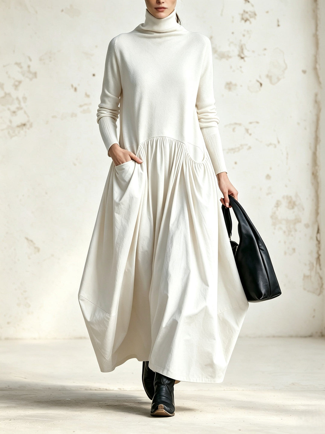Odette | Sort oversized maxi-kjole med ståkrave