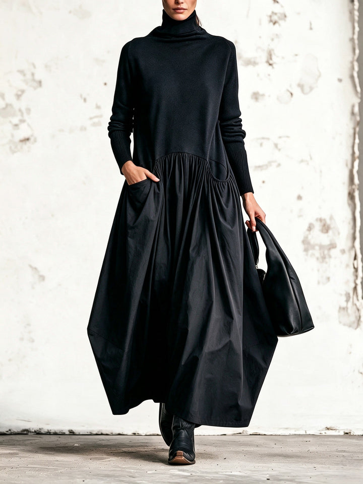Odette | Sort oversized maxi-kjole med ståkrave