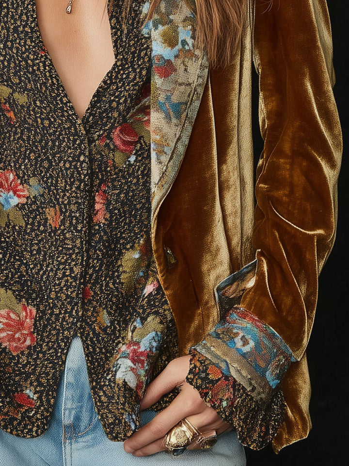 Vintageblazer til kvinder med blomstret patchworkprint