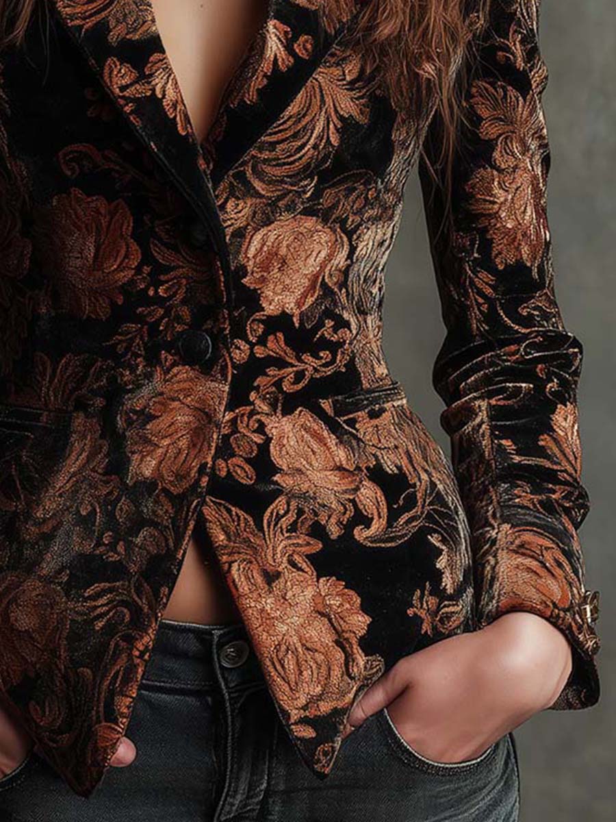 Figursyet blazer til kvinder i sort og bronze med blomstermønster