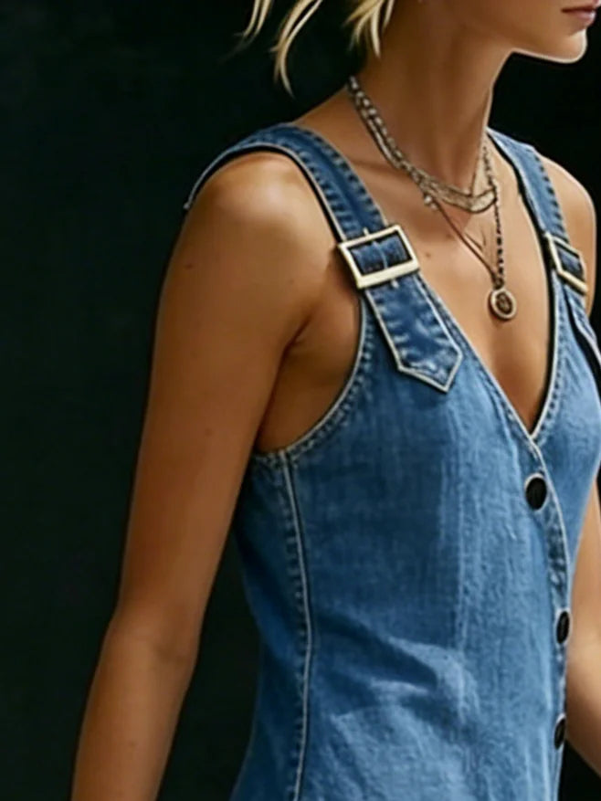 Vera | Lang denimkjole med knaplukning