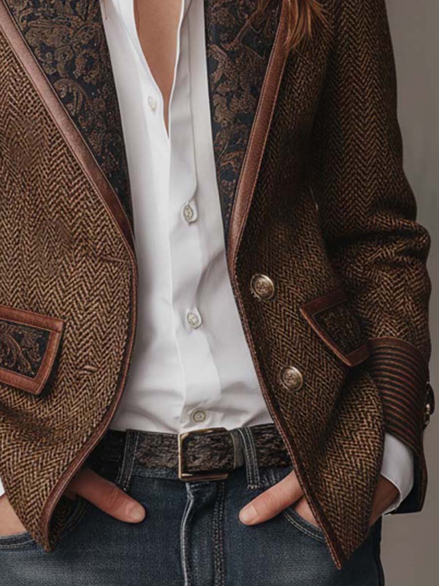 Blazer til kvinder med sildebensmønster og printdetaljer
