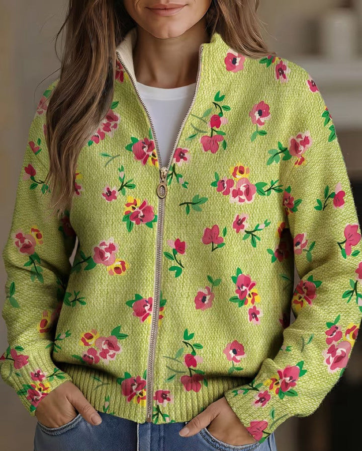 Constance™ | Limegrøn cardigan med pink blomster og lynlås