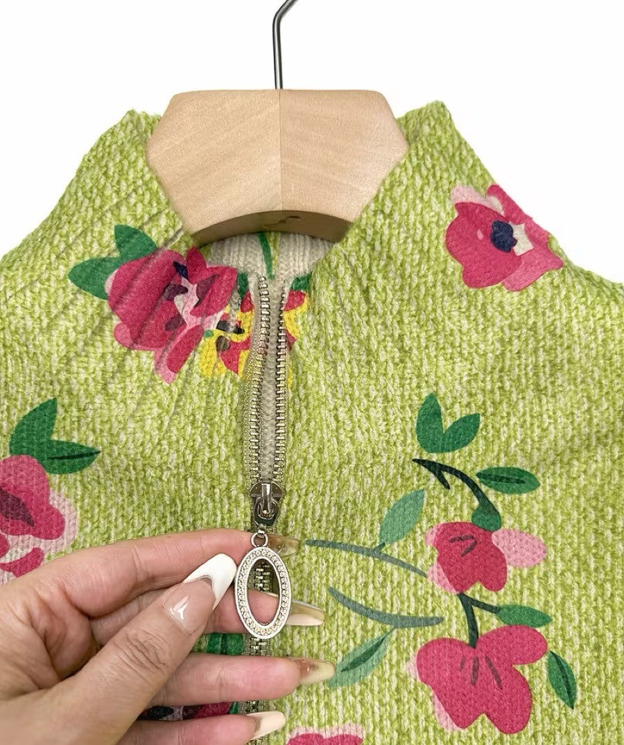 Constance™ | Limegrøn cardigan med pink blomster og lynlås
