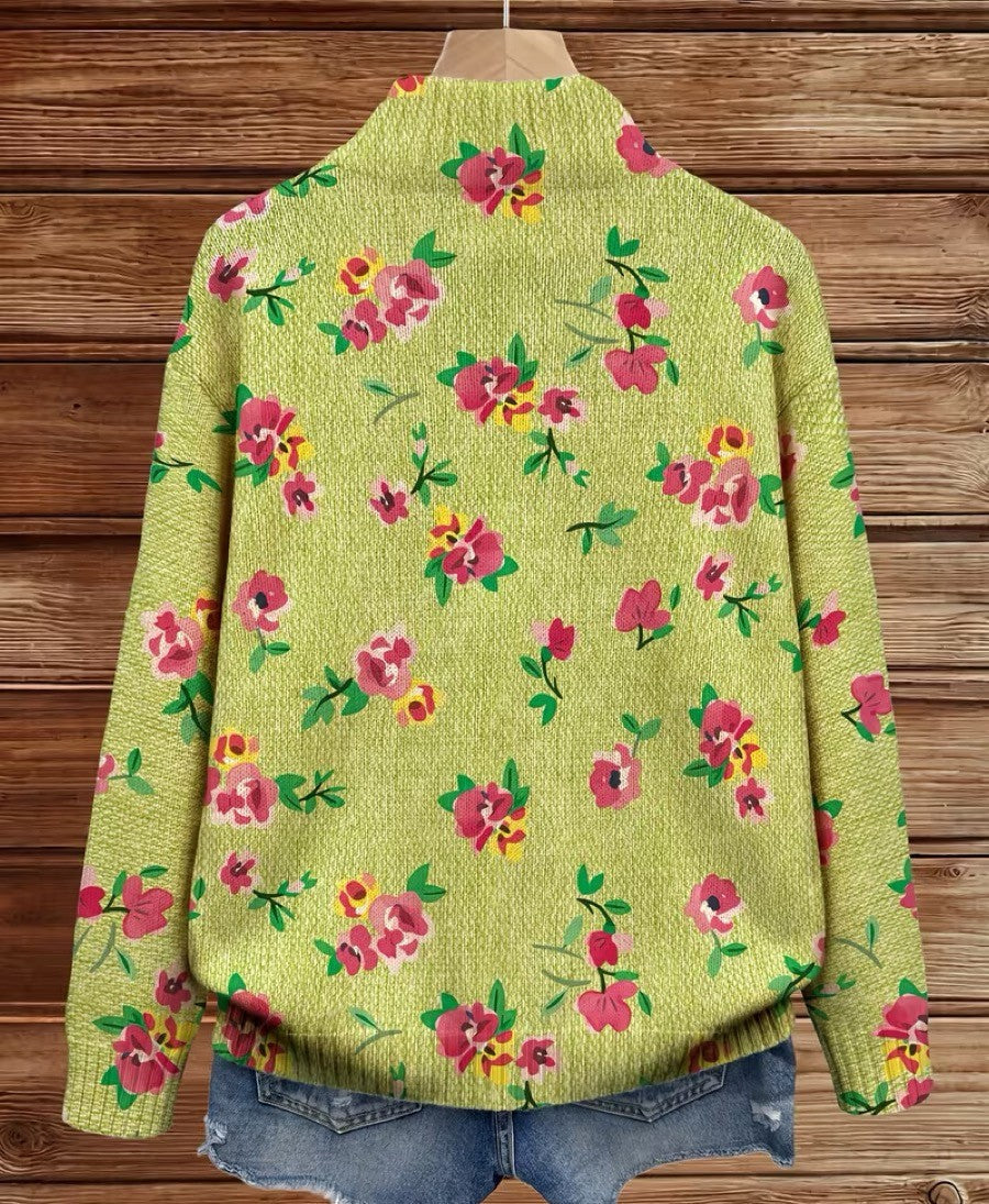 Constance™ | Limegrøn cardigan med pink blomster og lynlås