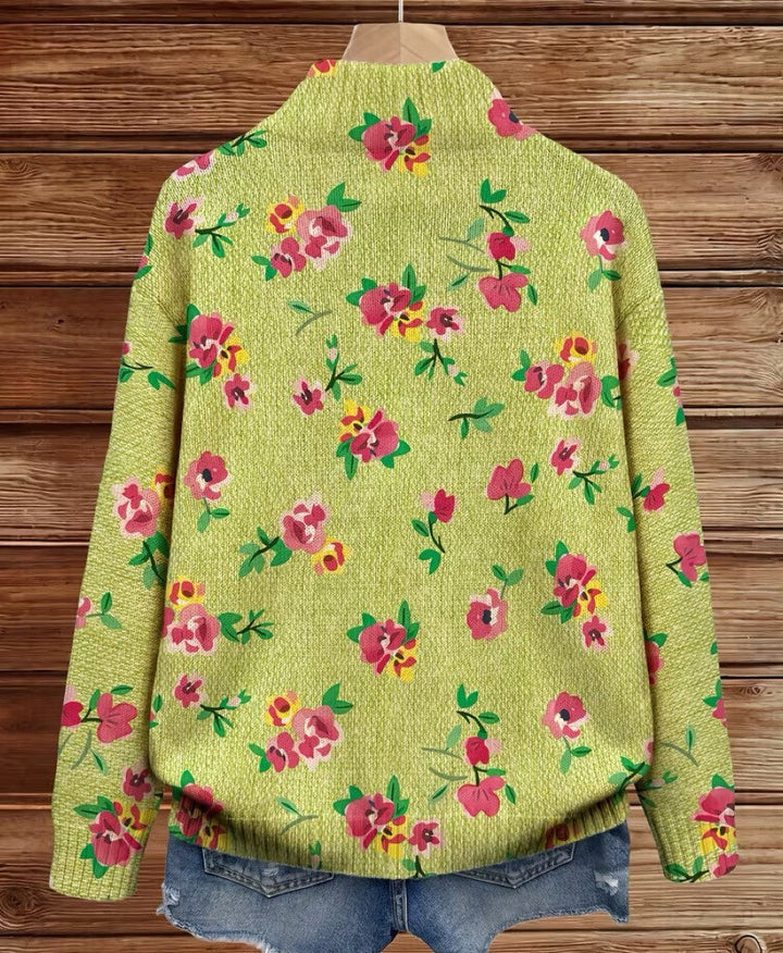 Constance™ | Limegrøn cardigan med pink blomster og lynlås