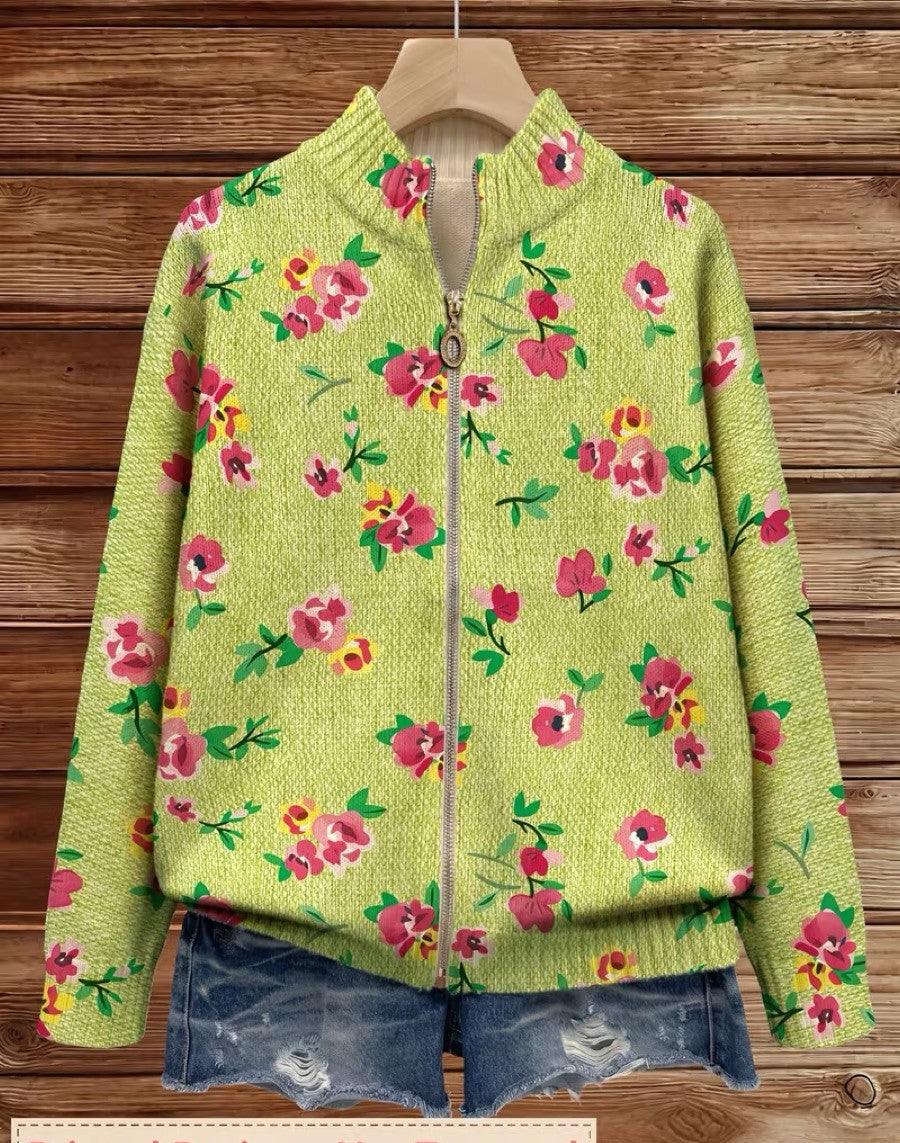 Constance™ | Limegrøn cardigan med pink blomster og lynlås