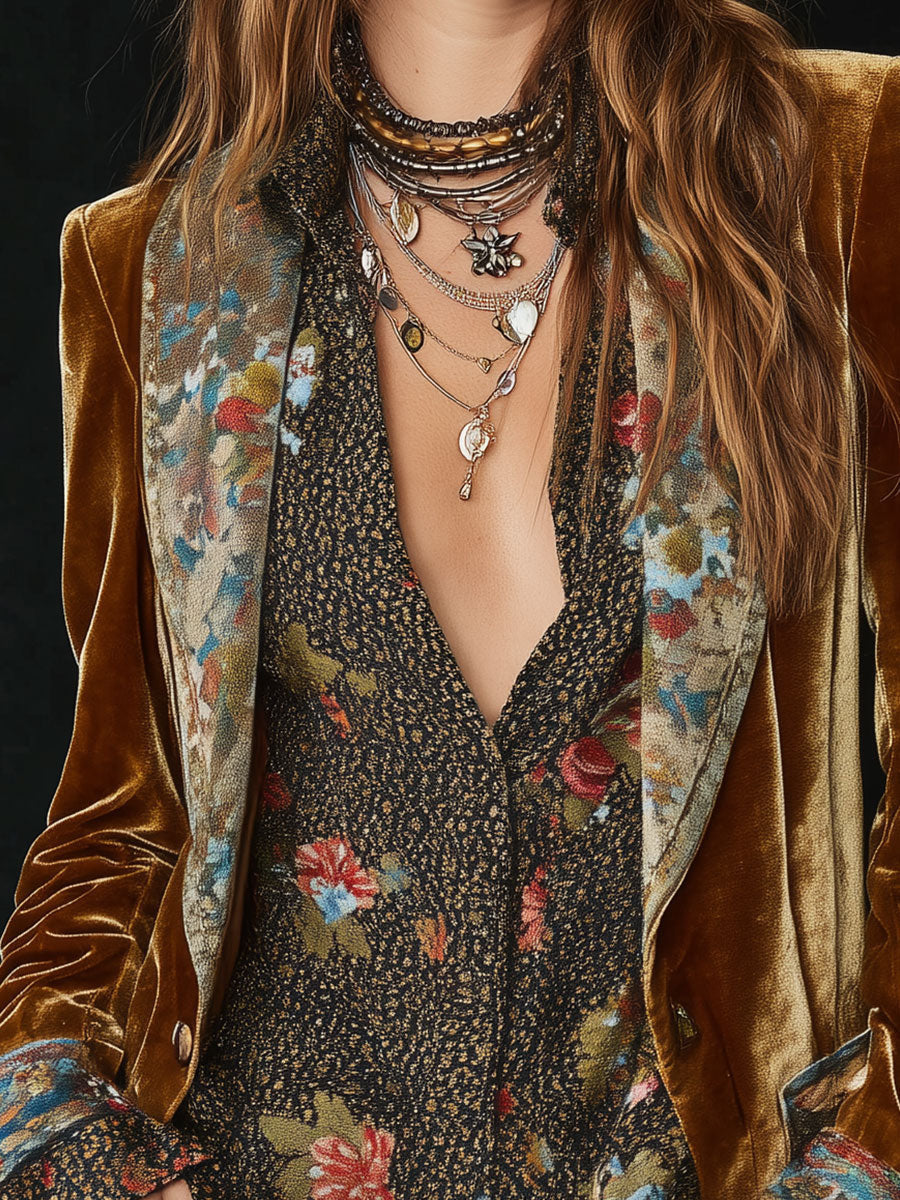 Vintageblazer til kvinder med blomstret patchworkprint