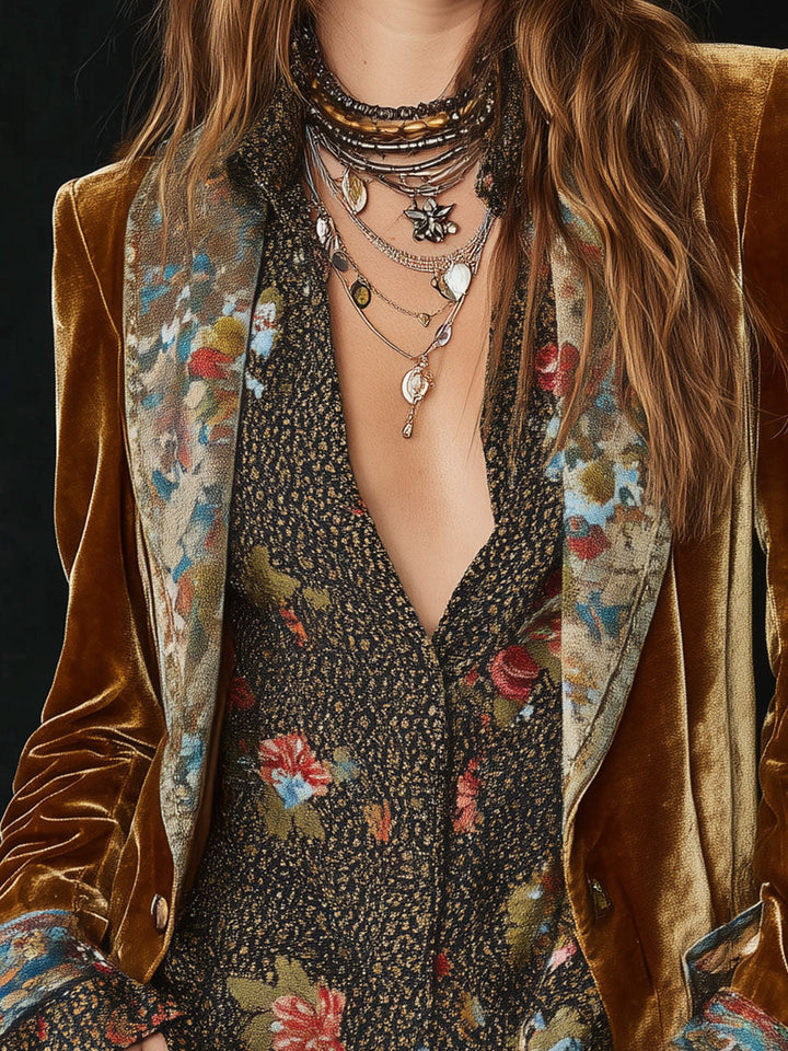 Vintageblazer til kvinder med blomstret patchworkprint