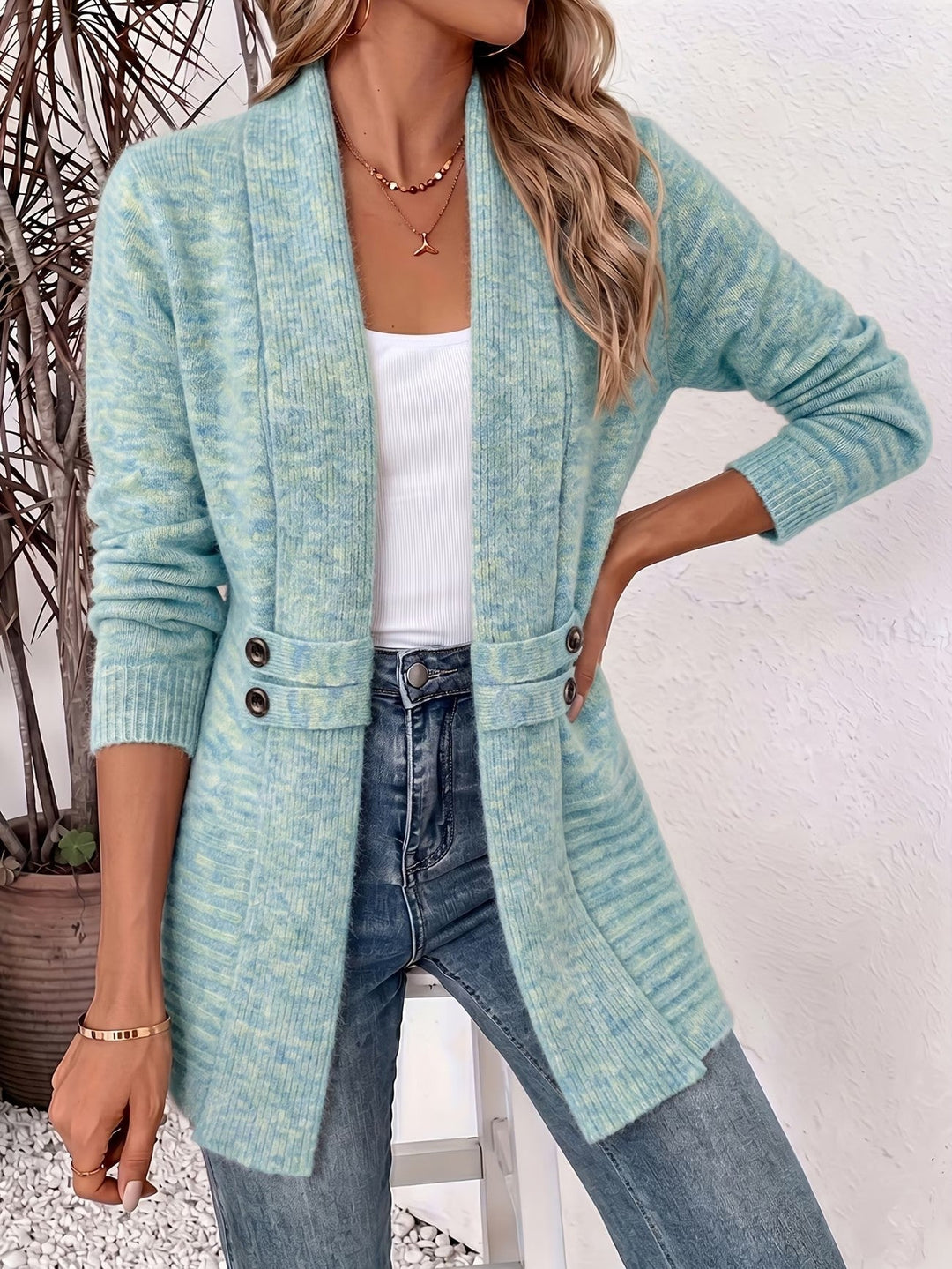 Nova™ | Aquablå ribstrikket cardigan med knapstropper