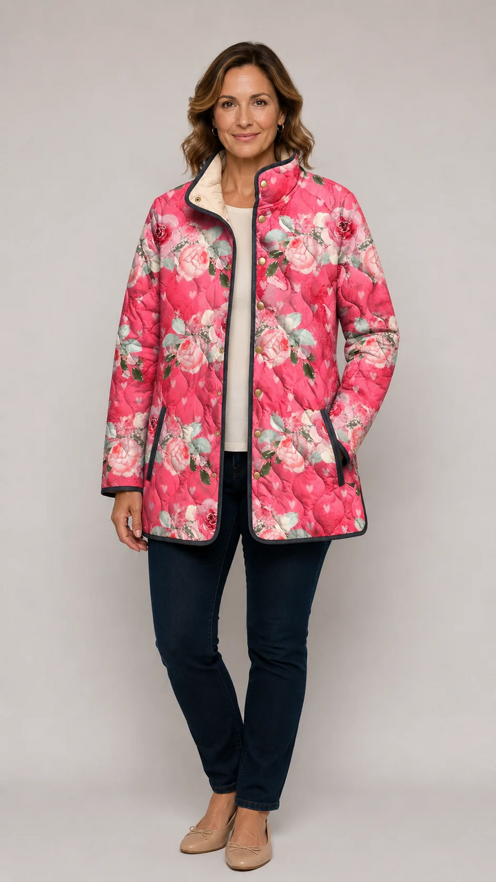 Freya | Charmerende rosa quiltet jakke med blomstermønster