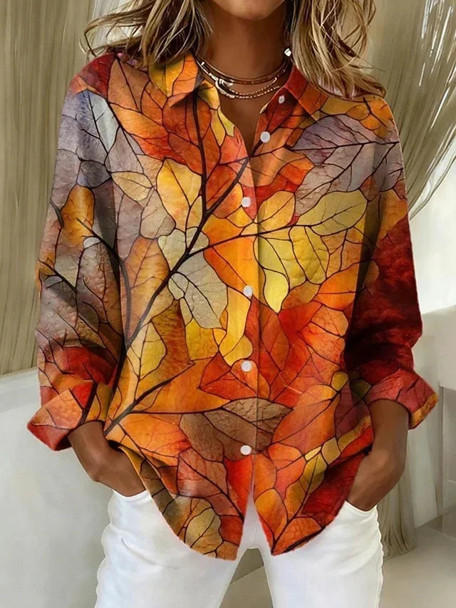 Thelma | Bluse med efterårsblade og knapper