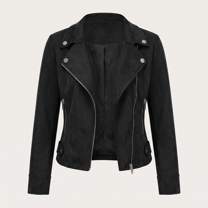 Lia | Kort jakke i imiteret ruskind med asymmetrisk lynlås
