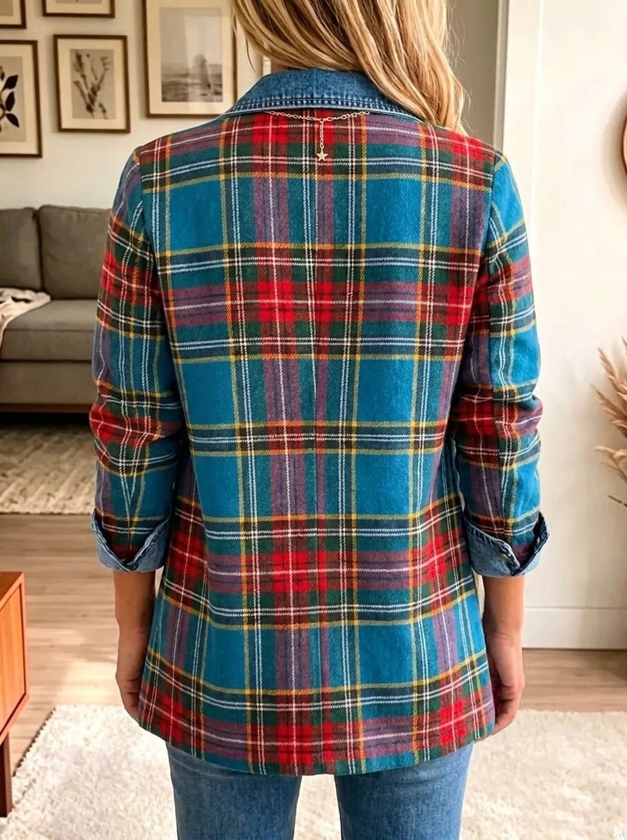 Grace | Ternet denimblazer med patchwork til kvinder