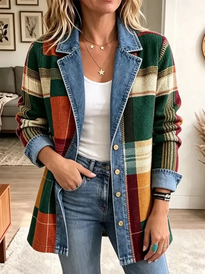 Ella | Retro afslappet denimjakke med kunstnerisk ternemønster