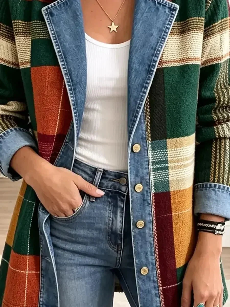 Ella | Retro afslappet denimjakke med kunstnerisk ternemønster