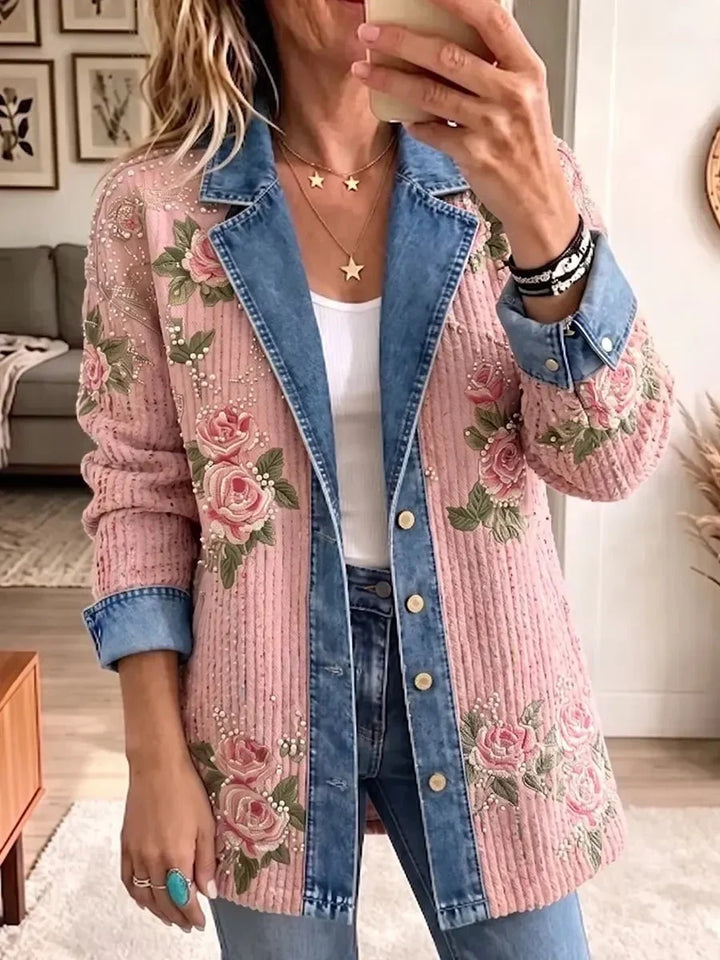 Aria | Vintage elegant blazer med denim-patchwork og farveblokke