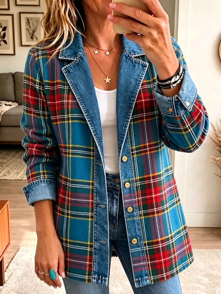 Grace | Ternet denimblazer med patchwork til kvinder