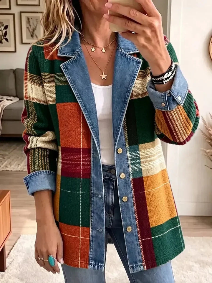Ella | Retro afslappet denimjakke med kunstnerisk ternemønster
