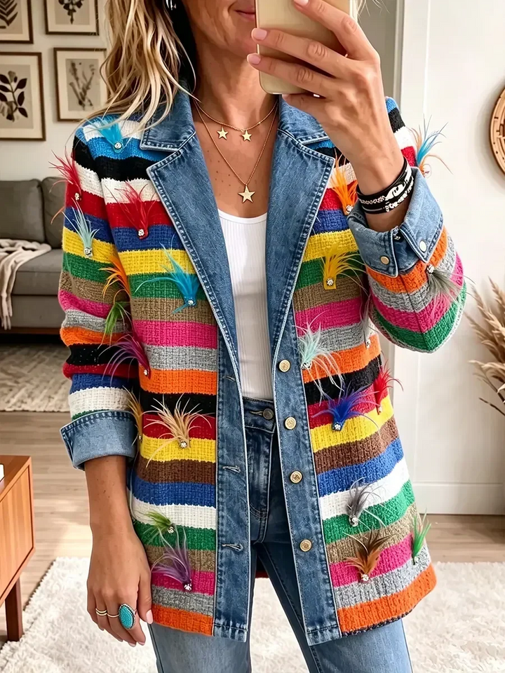 Mia | Vintage elegant denimjakke med fjerprint