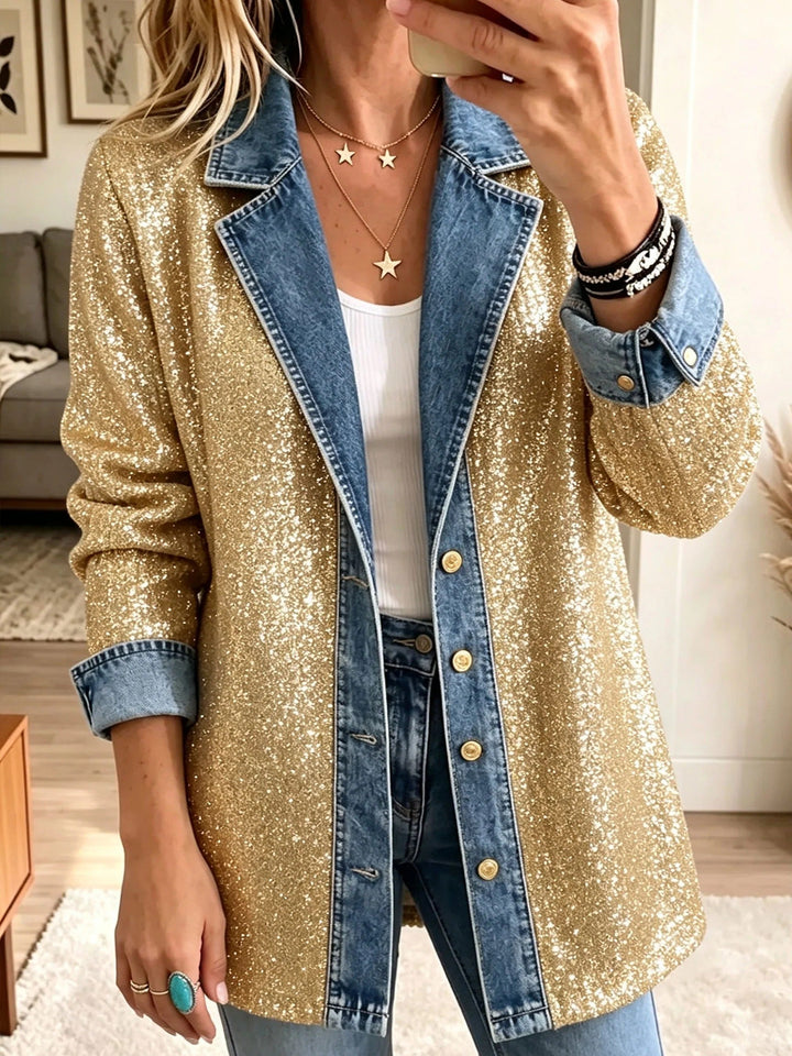 Sophia | Denimjakke med guldglimmer og kontrastpaneler
