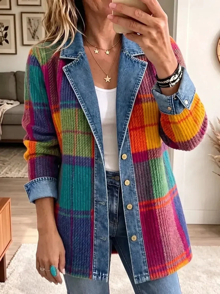 Emma | Vintage elegant denimjakke med patchwork og tern