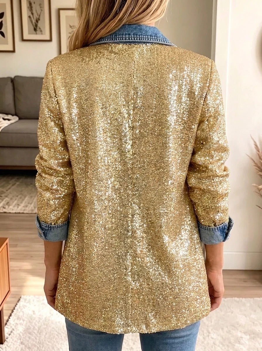 Sophia | Denimjakke med guldglimmer og kontrastpaneler