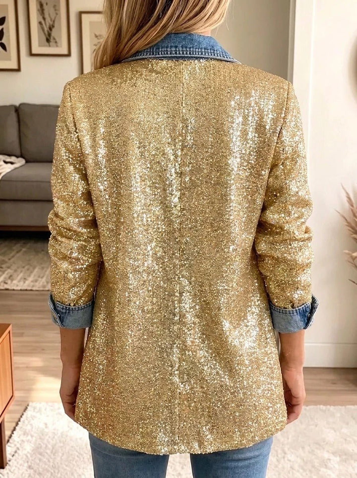 Sophia | Denimjakke med guldglimmer og kontrastpaneler